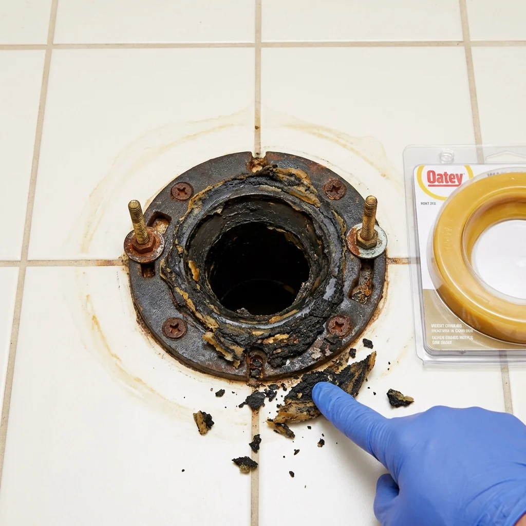 Failed wax ring showing water seepage at the base of a toilet in a Amherst, OH home