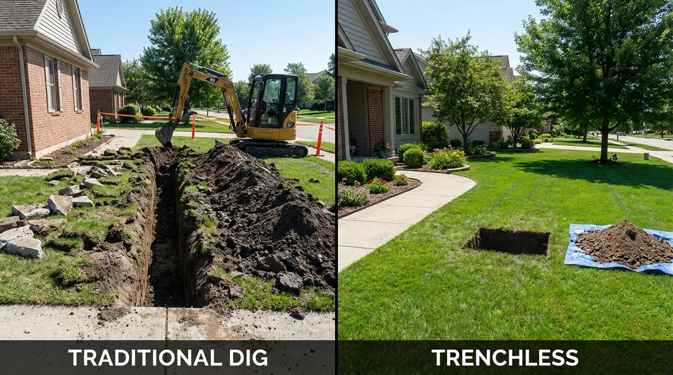 Trenchless sewer repair with minimal yard damage versus traditional excavation in Amherst, OH