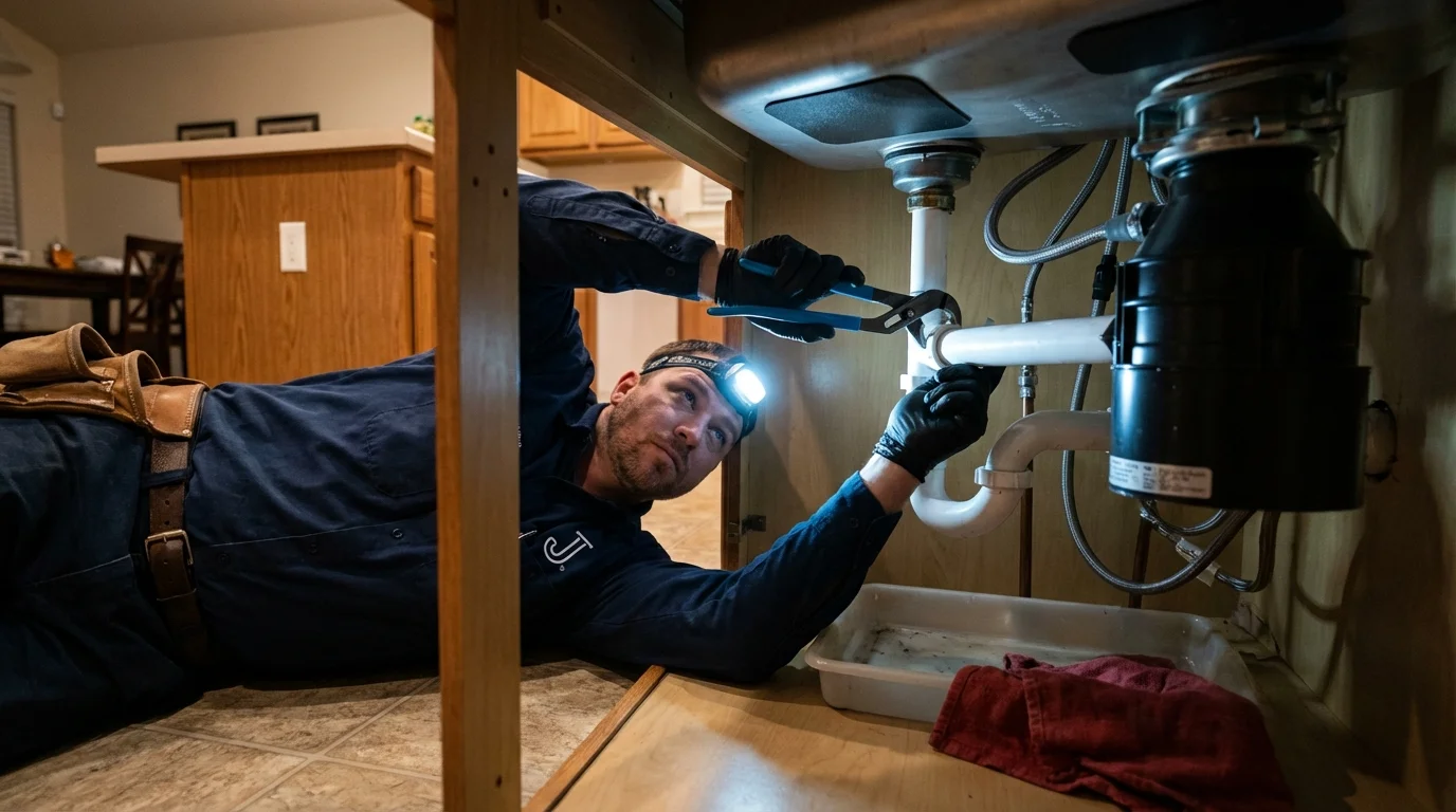P-trap and supply line connections under a kitchen sink showing a common leak point in Amherst, OH